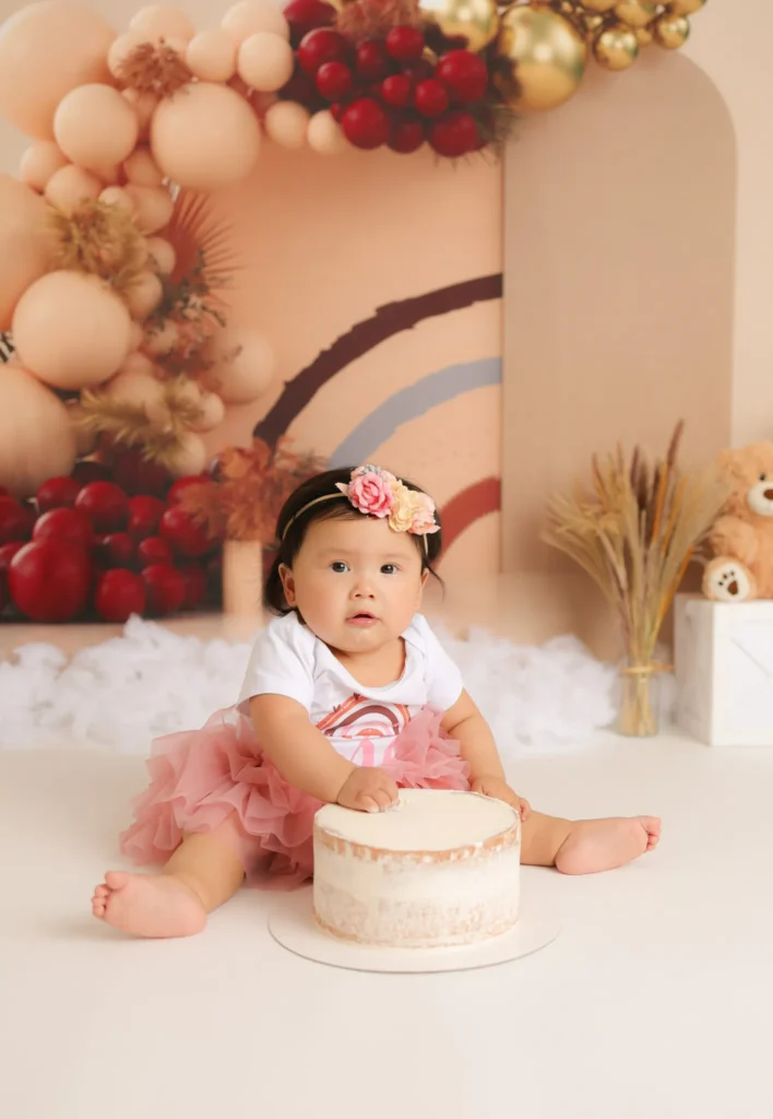 Baby sitting beside cake during first birthday photo session