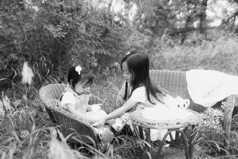 black and white family field portrait