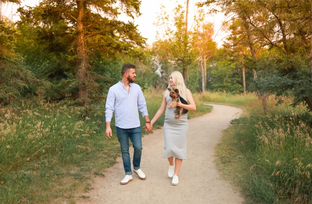 couple walking fall path