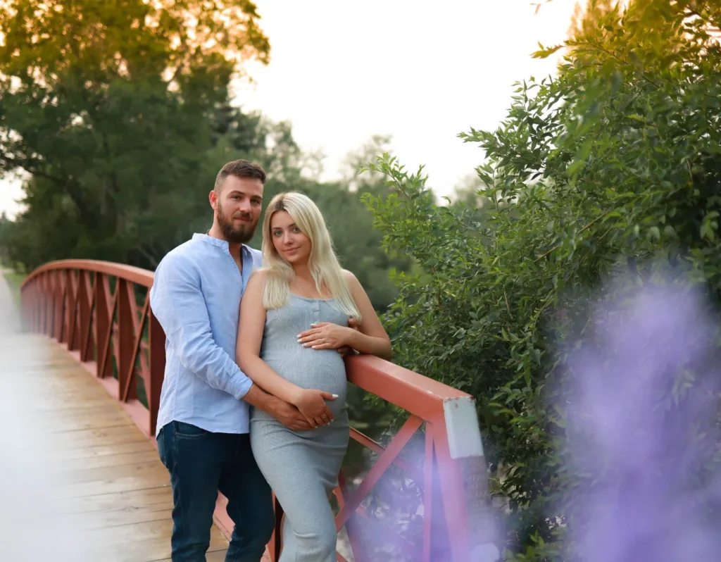 maternity couple bridge portrait