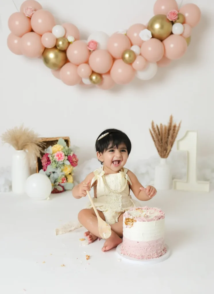 baby girl cake smash pink dress studio