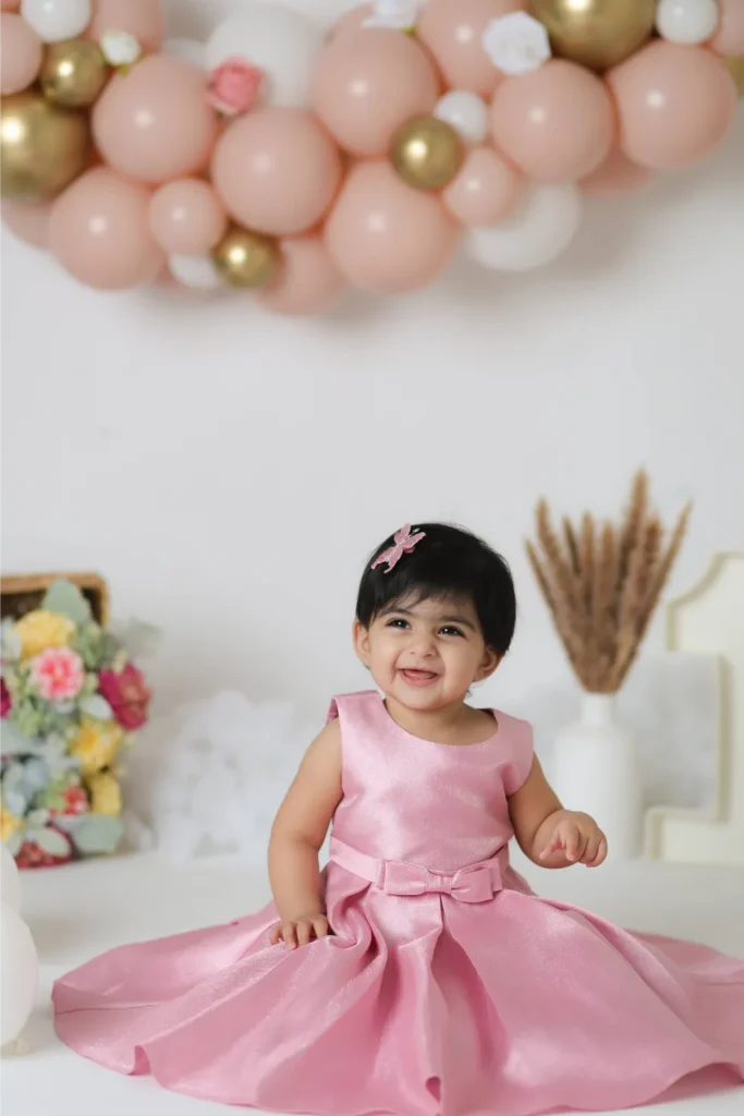 first birthday baby girl pink balloon backdrop