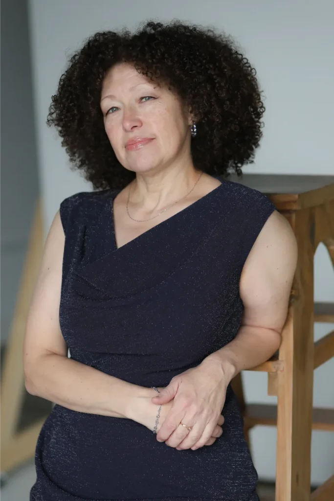 professional woman navy dress portrait