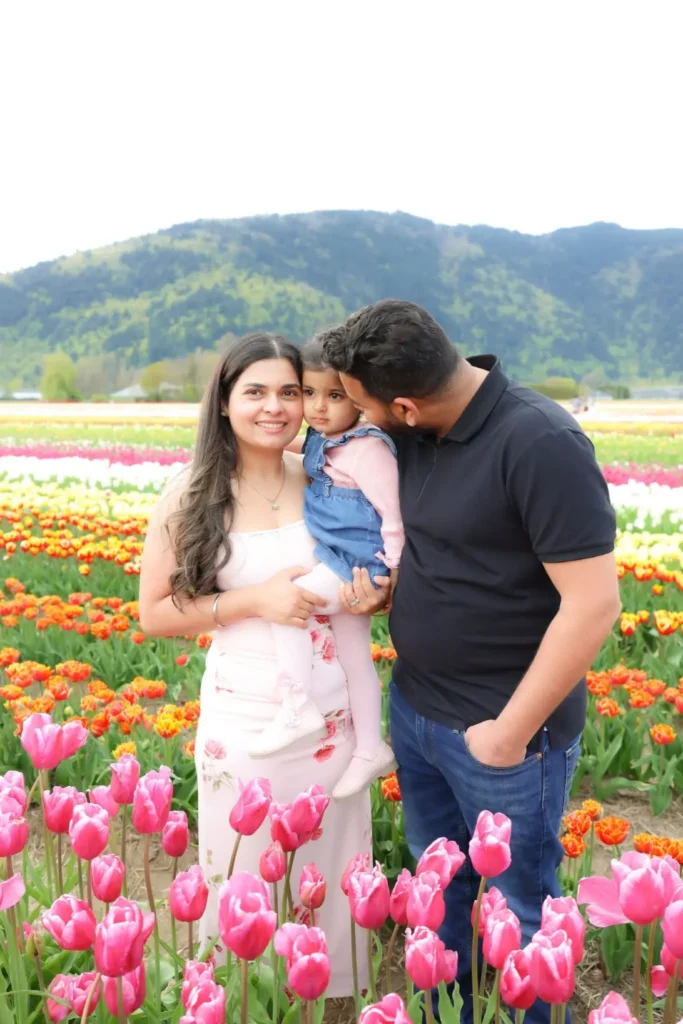 family walking through tulips lakeland bc