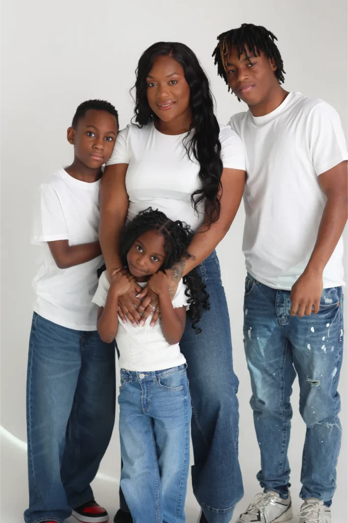 family studio portrait white shirts