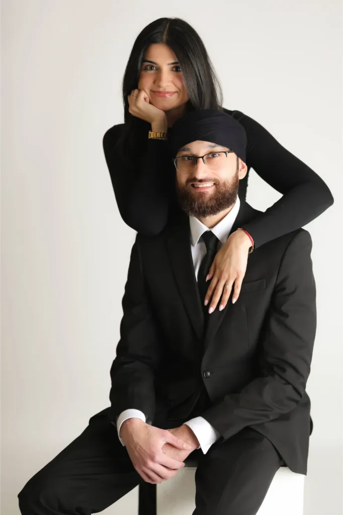 formal couple studio portrait black outfits