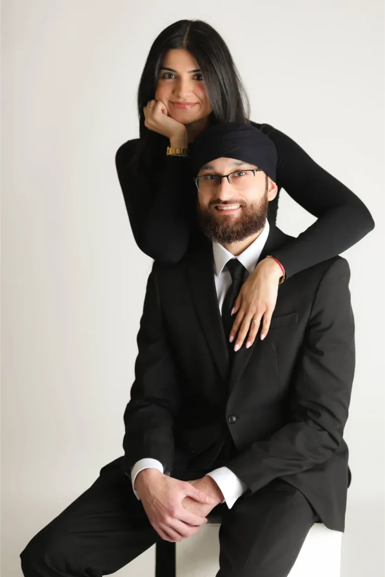 formal couple studio portrait black outfits