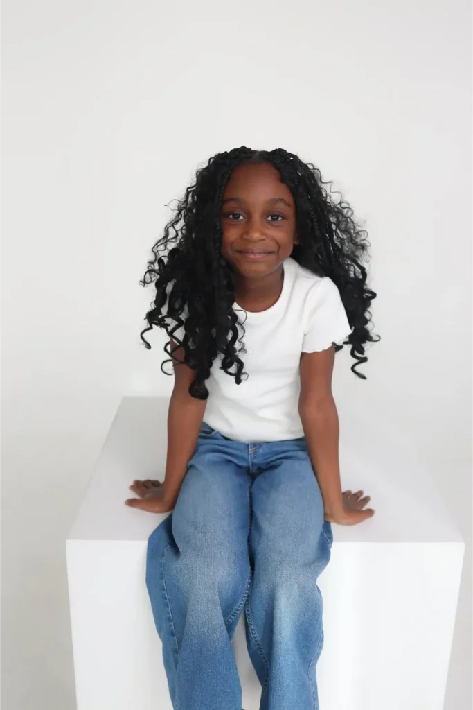 studio child portrait girl white shirt jeans