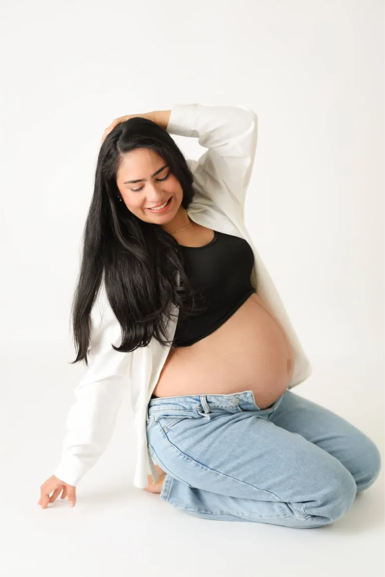 studio maternity portrait white shirt jeans