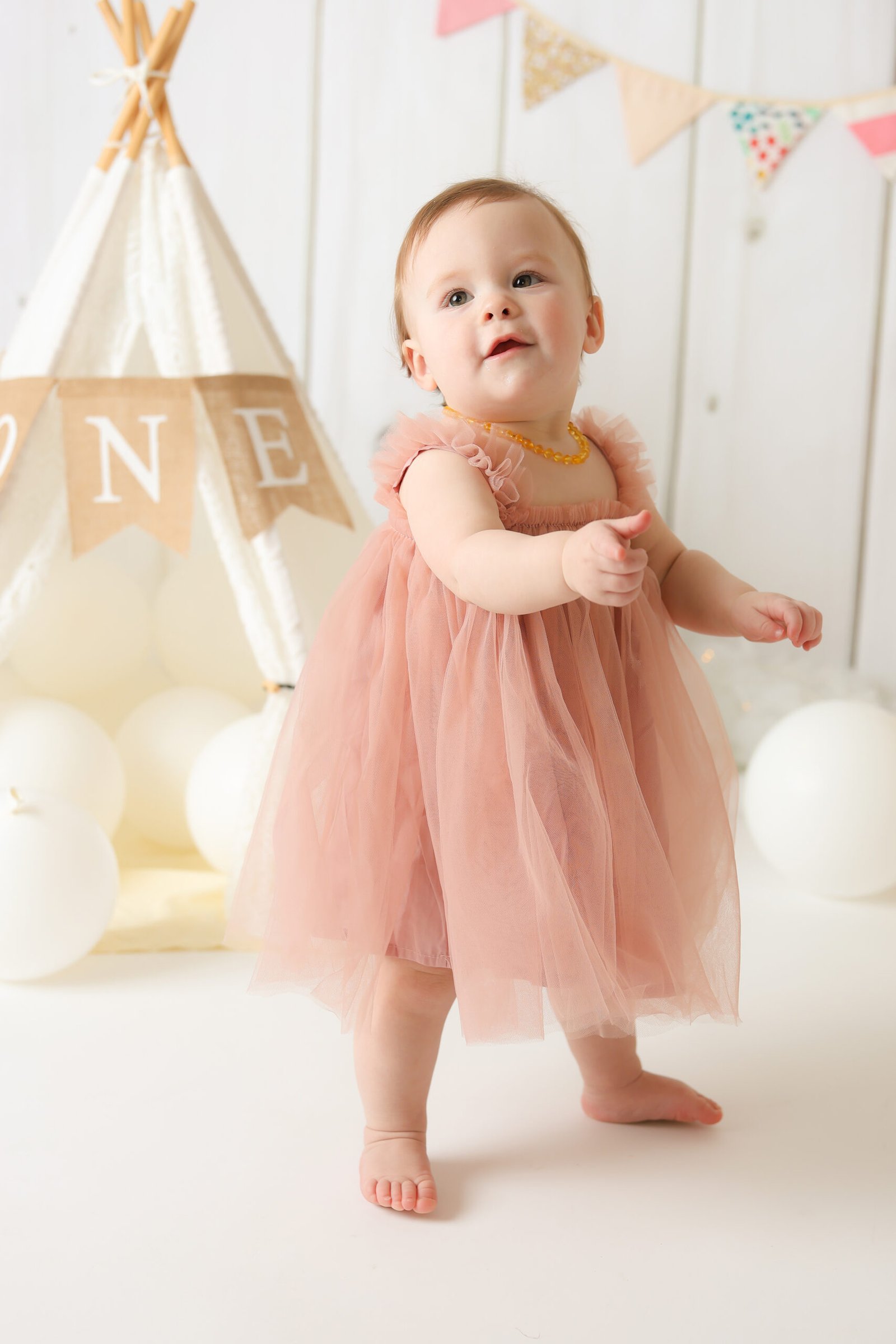 Baby Girl Standing Pink Dress Portrait, photo 7