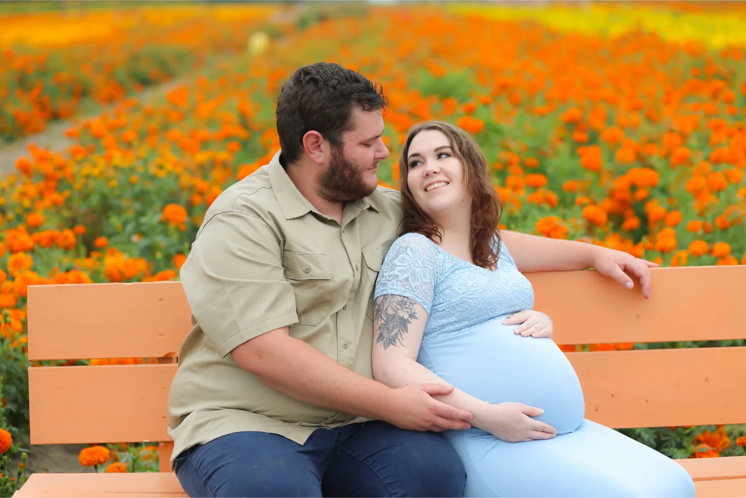 Couple Sitting Bench Sunflower Field, photo 2