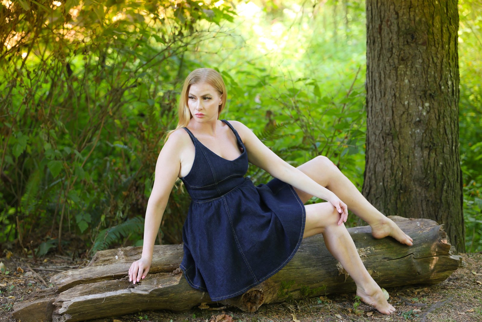 Woman in a navy dress seated on a log during an outdoor portrait session
