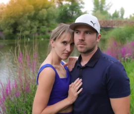 Couple standing together outdoors posing for portrait Couple standing together outdoors posing for portrait