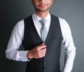 Man standing in studio wearing vest and tie business portrait